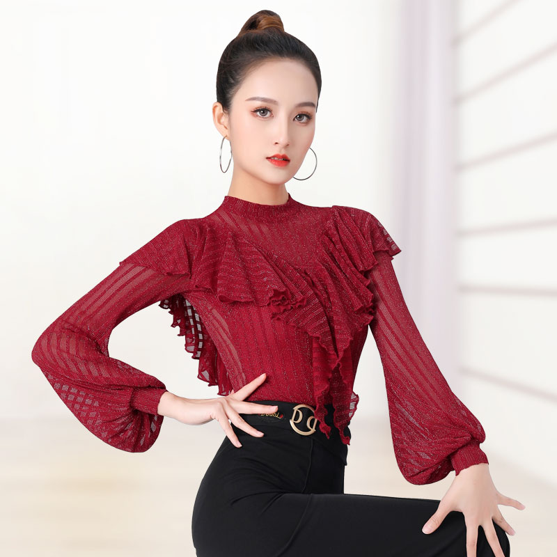 【女长袖韩国银竖网条】丹宝罗交谊舞三步踩跳舞舞蹈上衣单件长袖