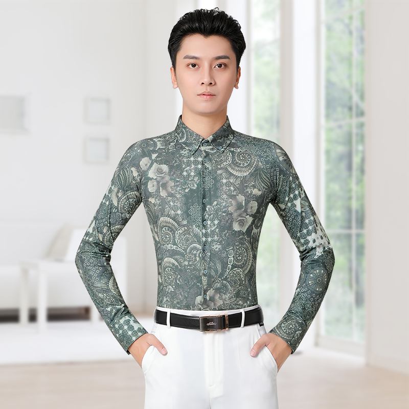 【男长袖印花衬衣】丹宝罗拉丁舞服国标舞上衣男款比赛演出跳舞衣服