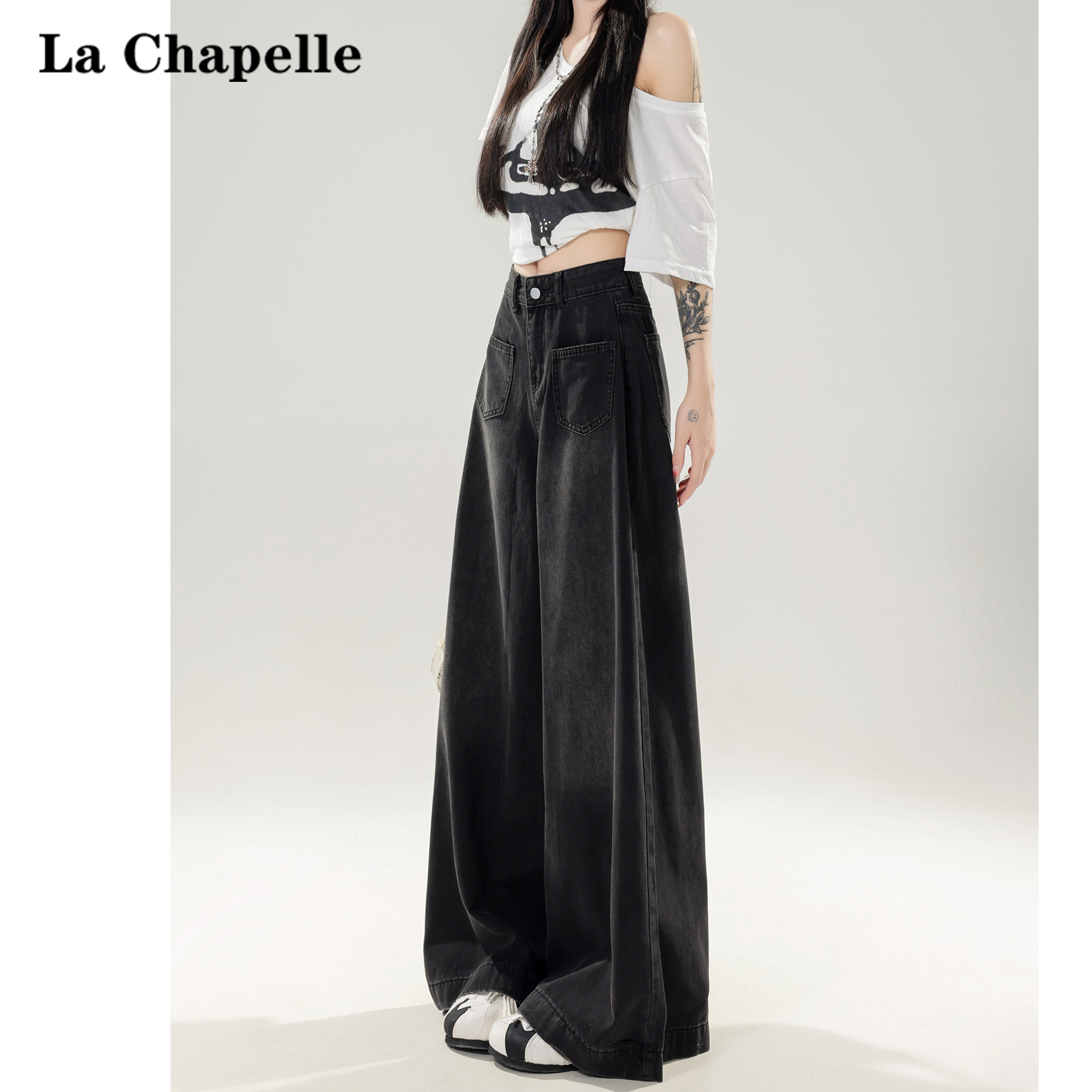 拉夏贝尔黑灰色水洗阔腿牛仔裤女2025春秋爆款复古高腰垂感拖地裤