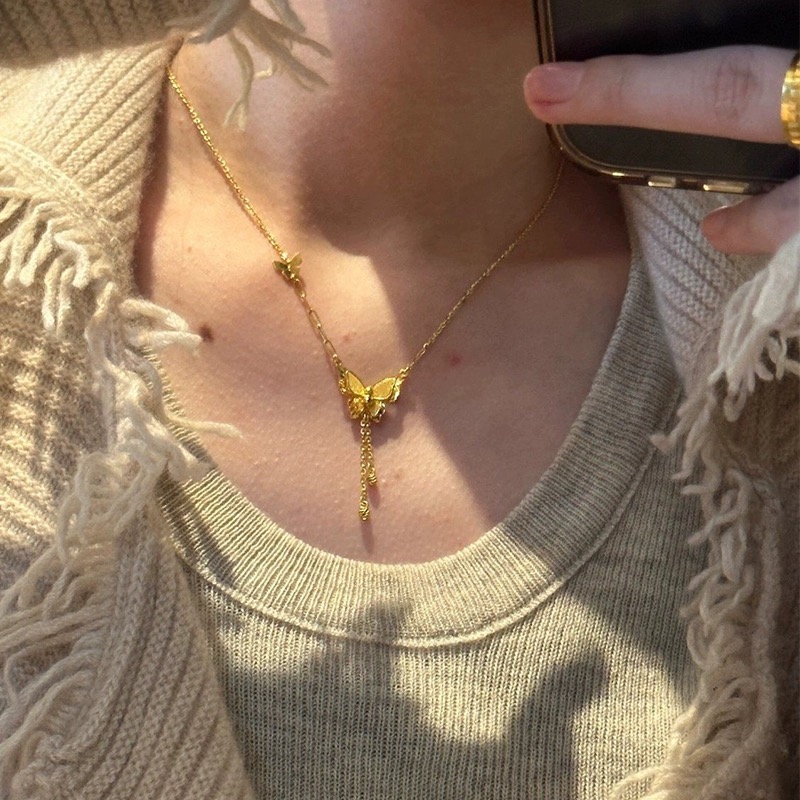 JIN BAI ZHENG 钛钢项链 轻奢时尚流苏蝴蝶项链女款精致仙女坠链