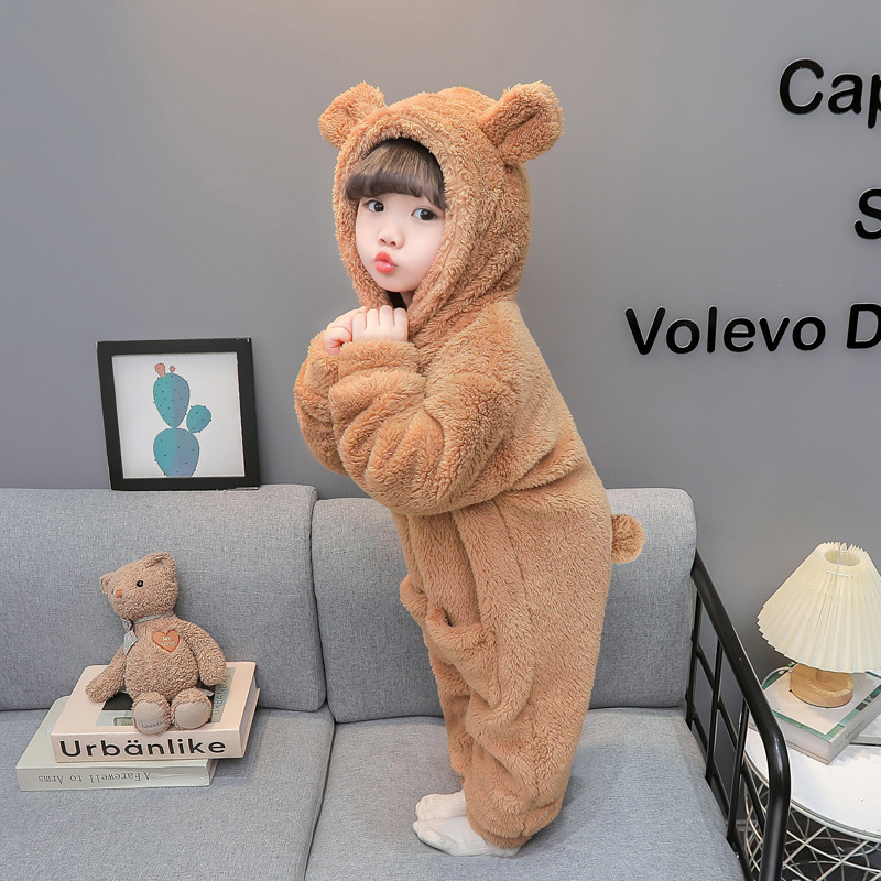 女童冬季加厚珊瑚绒1-6岁连帽爬服3男孩2024小熊法兰绒连体家居服