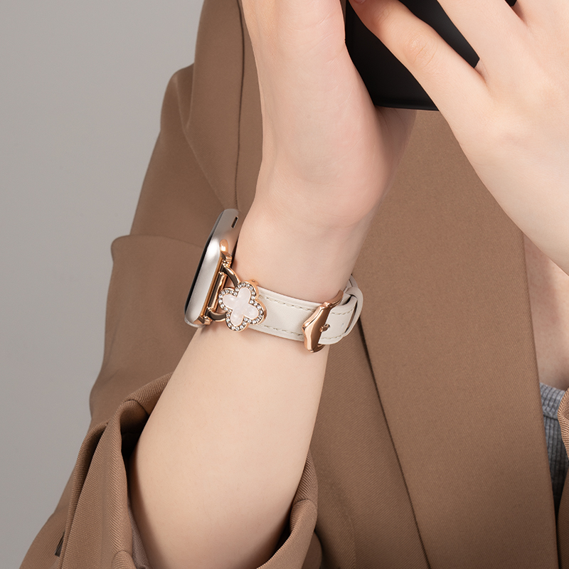 适用applewatchS10表带真皮四叶草镶钻苹果S9手表S8秋冬SE女高级7