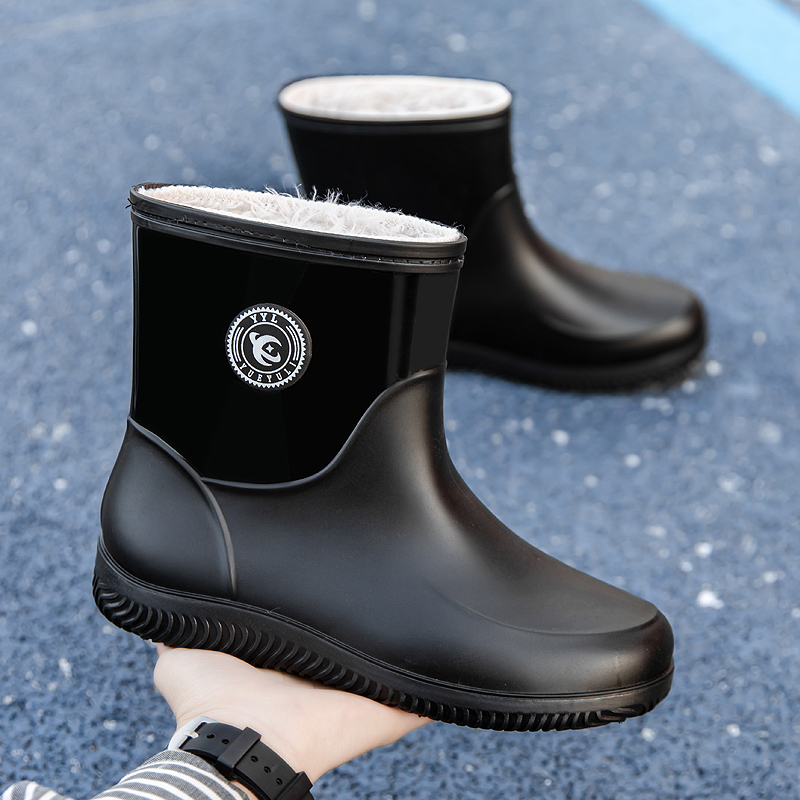 软底固定一体加绒冬季男士中筒雨鞋加棉保暖防滑水鞋钓鱼雨靴胶鞋