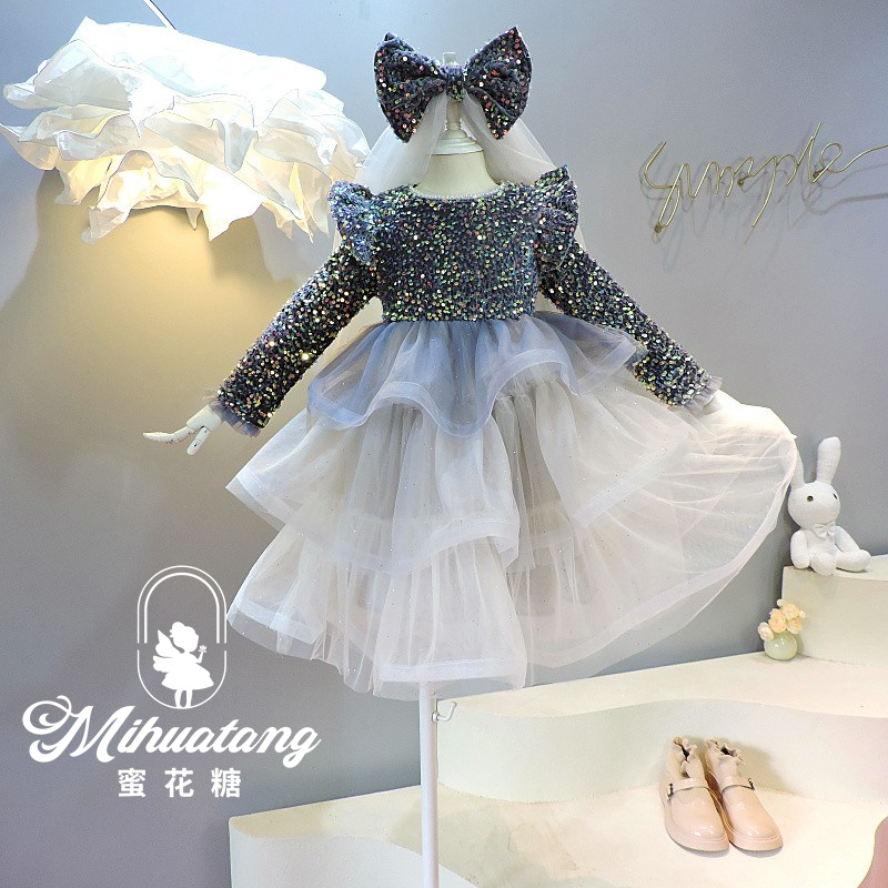 高端女童公主裙25春亮季片蓬蓬裙公主蛋糕裙女孩生日礼服裙送头纱