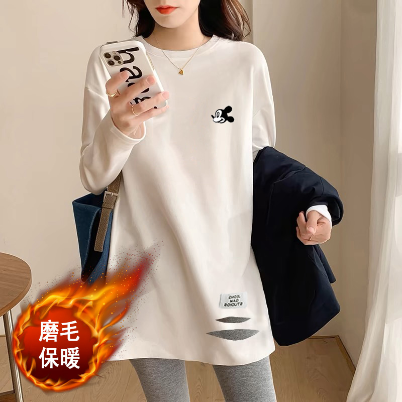 白色中长款简约时尚印花T恤秋冬新款磨毛保暖内搭打底衫宽松休闲