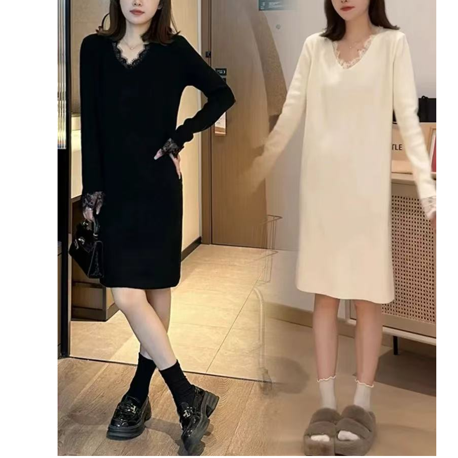 法式长袖黑色连衣裙子女2024新款秋冬季v领高级感气质打底内搭裙