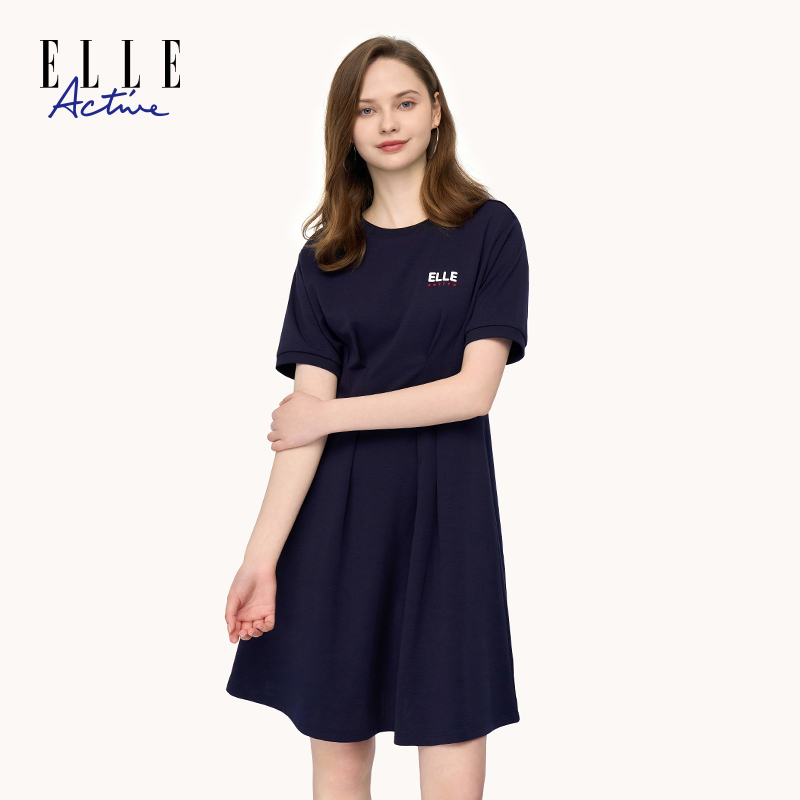 ELLE Active【花苞摆显瘦】夏季圆领短袖连衣裙女罗纹收腰气质裙子