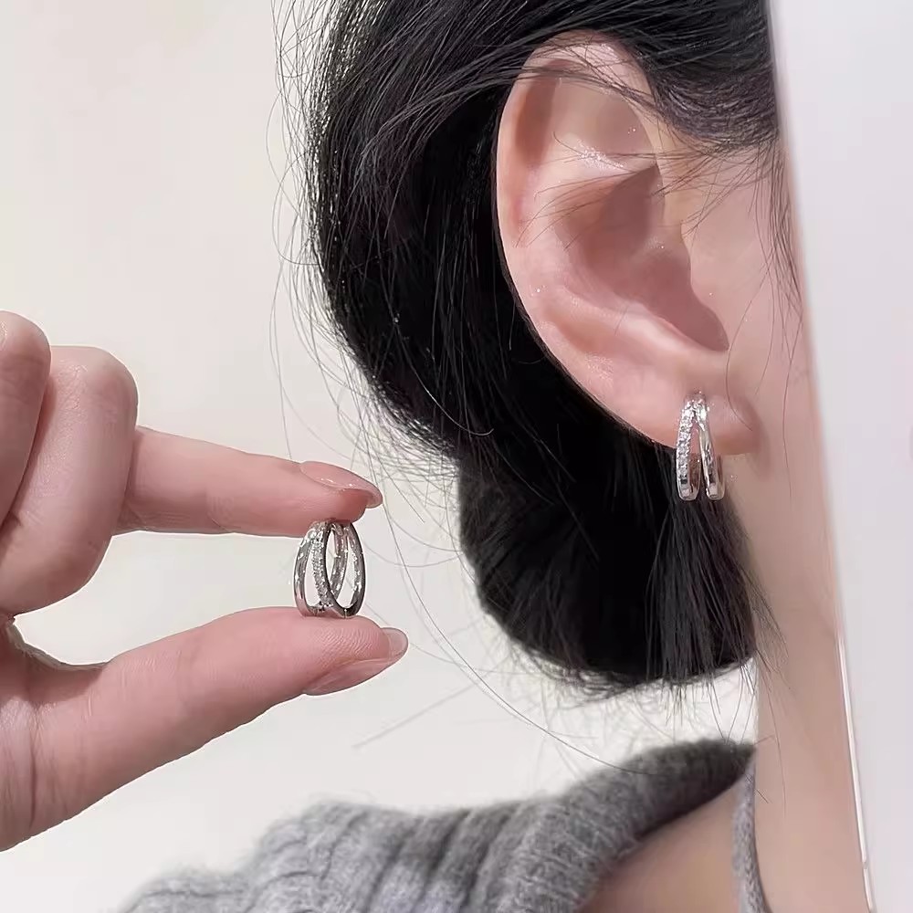 925银针耳饰经典百搭银色素圈耳环女简约百搭耳扣网红HYX两戴2144