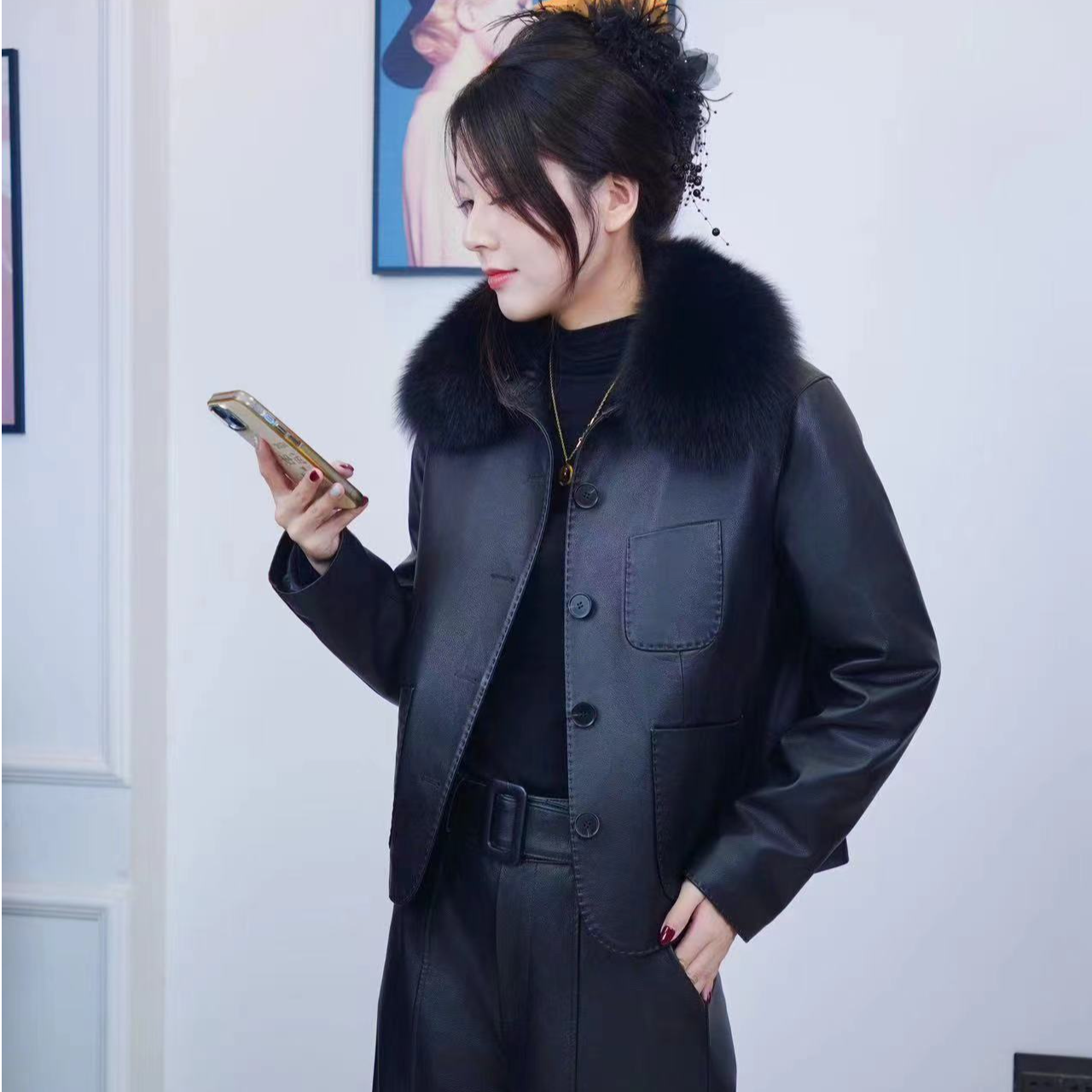 真皮皮衣冬季女士加厚外套头层牛皮狐狸毛领内胆脱卸海宁皮衣女款