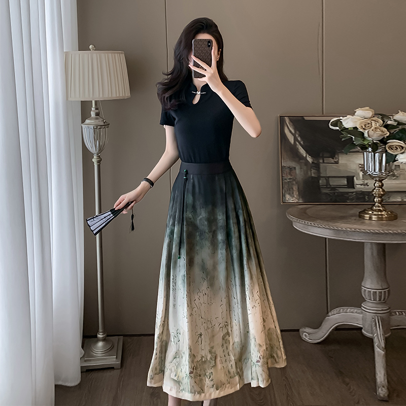 水墨两件套套装2025夏新款新中式优雅气质国风设计高级感半身裙