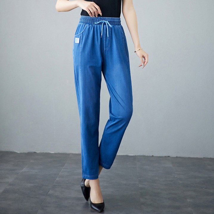 莱赛尔薄款天丝牛仔裤夏季新款女裤软牛仔凉凉裤哈伦裤高腰细绳裤