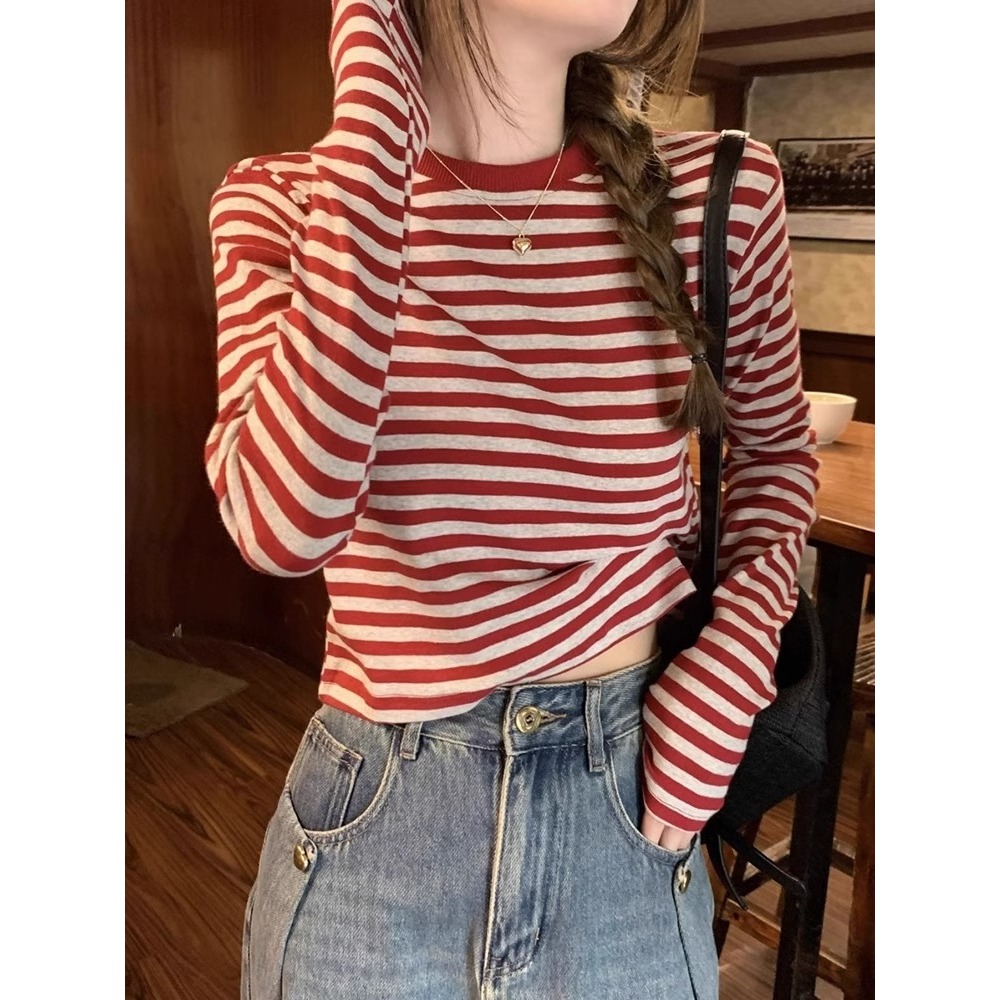 红色条纹打底衫女秋短款秋冬长袖t恤百搭修身显瘦内搭针织衫上衣