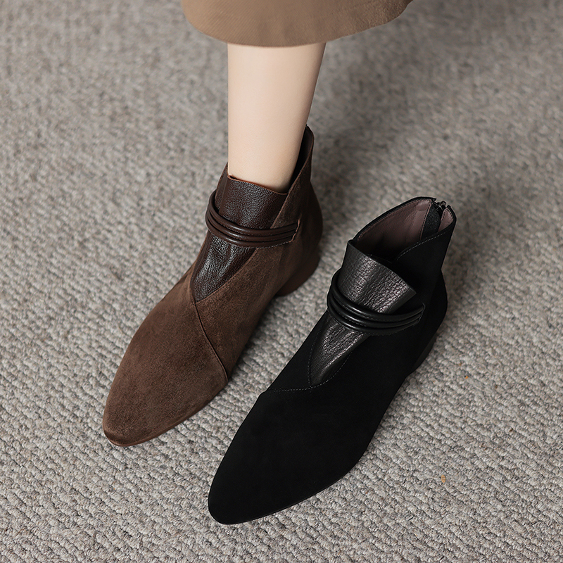 跟高3cm/34-41单绒/新款短靴尖头粗跟法式低跟优雅气质百搭日常女