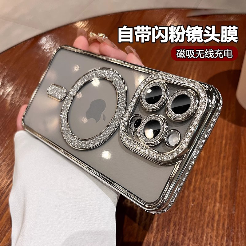 磁吸水钻闪粉镜头膜适用iphone16promax手机壳苹果女款奢华高级感