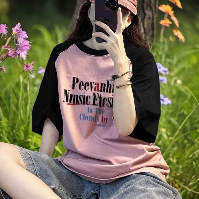 夏季新款拼接撞色插肩短袖t恤国潮小众美式港风ins复古圆领上衣女