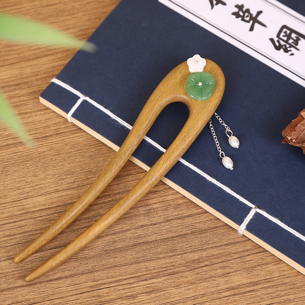 15厘米天然绿檀木发簪U型发簪日常简约新中式旗袍发钗百搭发饰