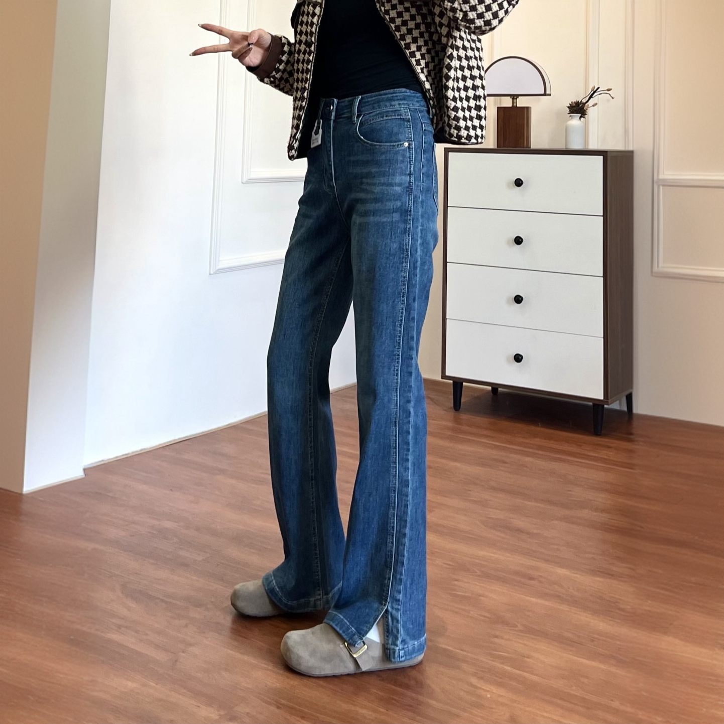 秋季新款高腰开叉微喇牛仔裤女大码梨形身材显瘦九分牛仔阔腿裤