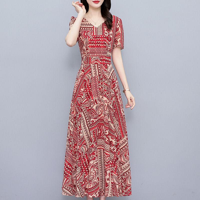 品牌中年妈妈夏季新款连衣裙女夏装洋气高贵大码女装气质雪纺裙子