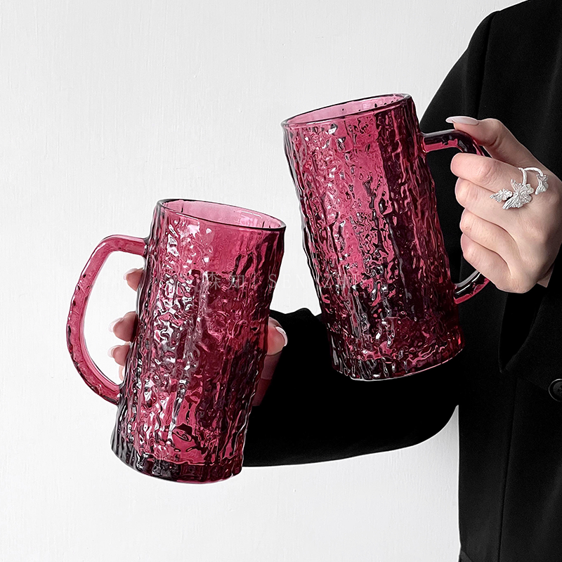 ins玫红树皮个性纹杯子女士专用高颜值玻璃杯水杯情侣大容量杯子