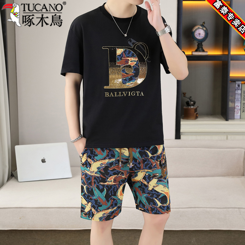啄木鸟高品质男士休闲运动套装夏季潮流T恤圆领短袖短裤两件套潮