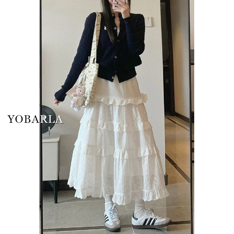 白色花边蕾丝半身裙女秋冬高腰大码显瘦胖mm中长款a字蓬蓬蛋糕裙