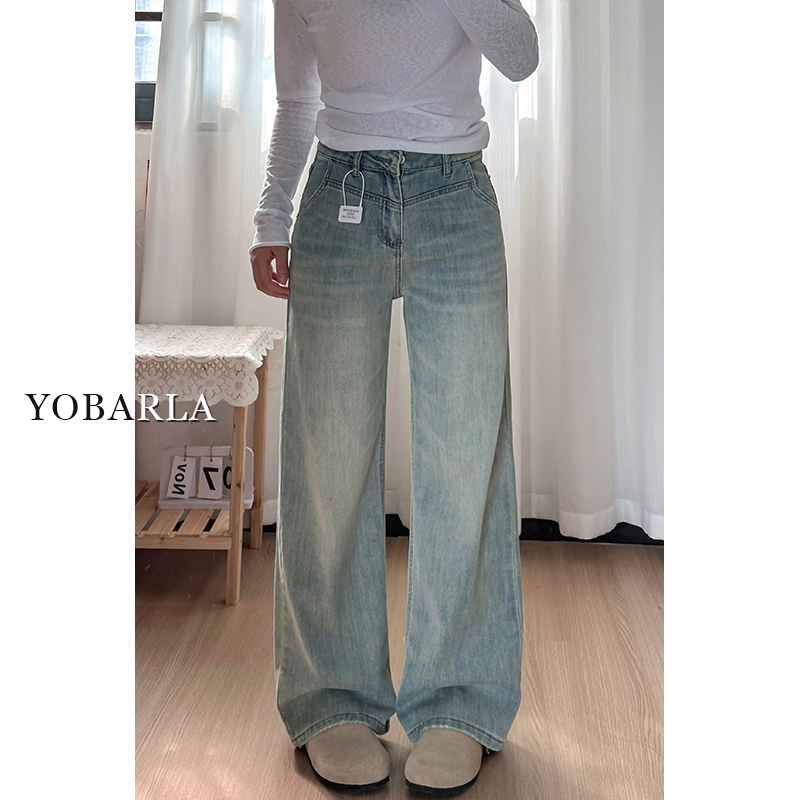 浅色阔腿牛仔裤女梨形身材冬季加绒高腰穿搭大码宽松显瘦裤子