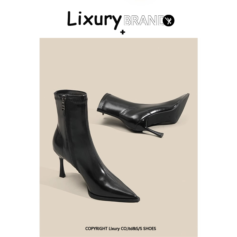 欧美复古时装靴尖头短靴子女2025年秋冬新款气质高跟鞋漆皮瘦瘦靴