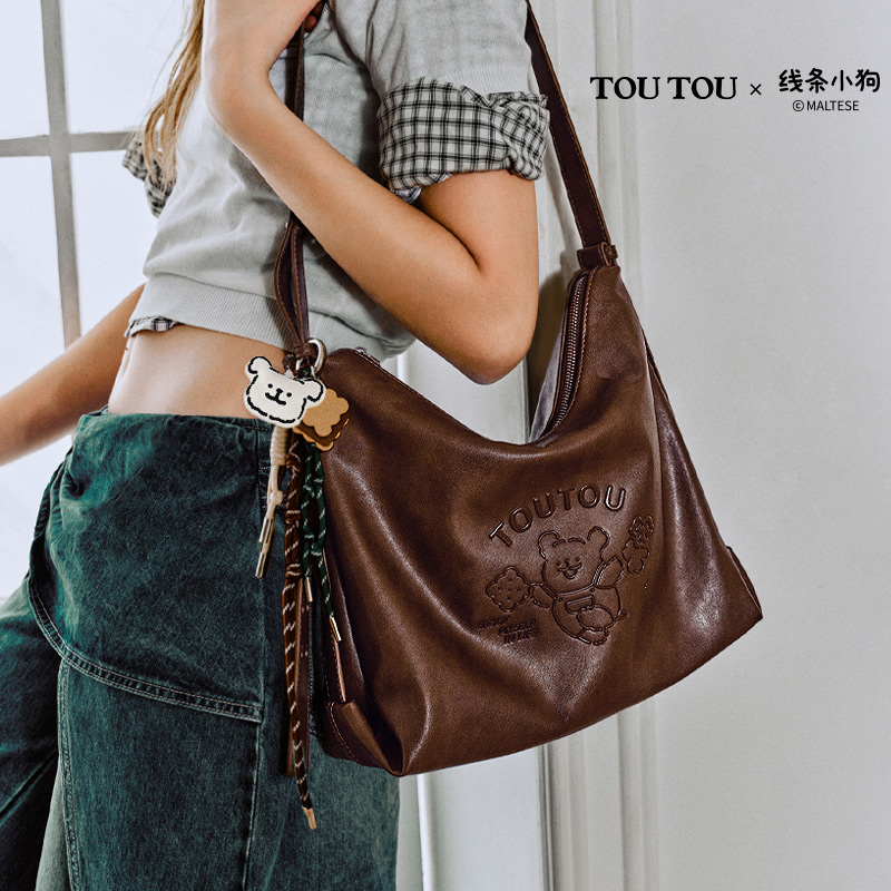 TOUTOU新款线条小狗大容量托特包慵懒风软皮单肩包通勤百搭斜挎包