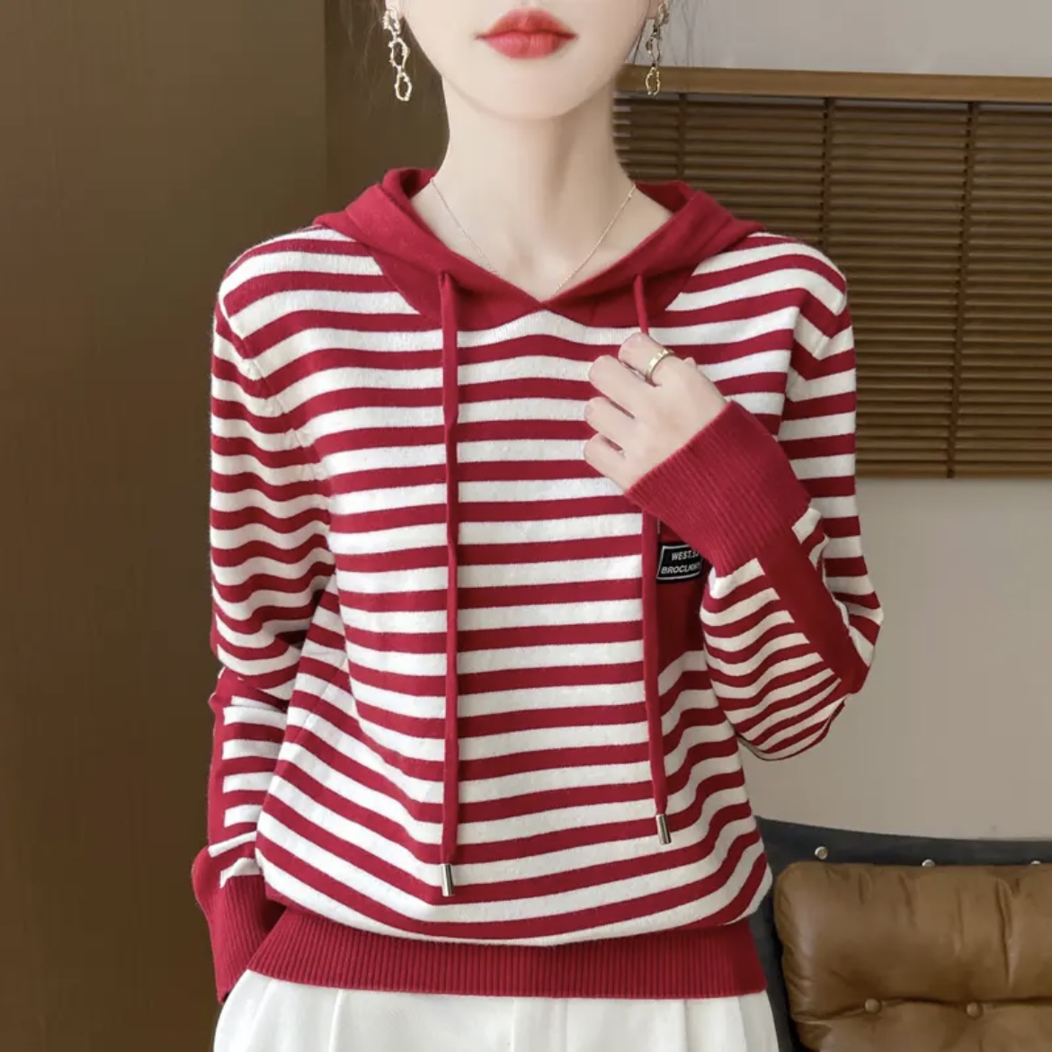 秋冬新款女士假口袋条纹针织帽衫长袖针织衫显瘦休闲连帽毛衣9923