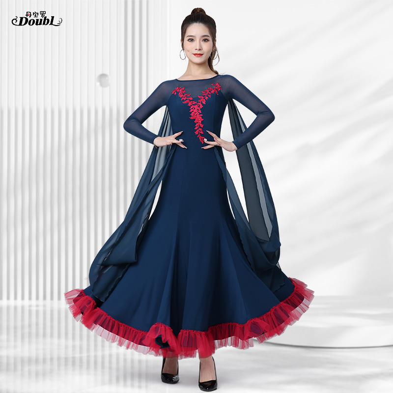 丹宝罗高档交谊舞大摆秋冬2026年新款摩登舞裙刺绣花边后飘长裙