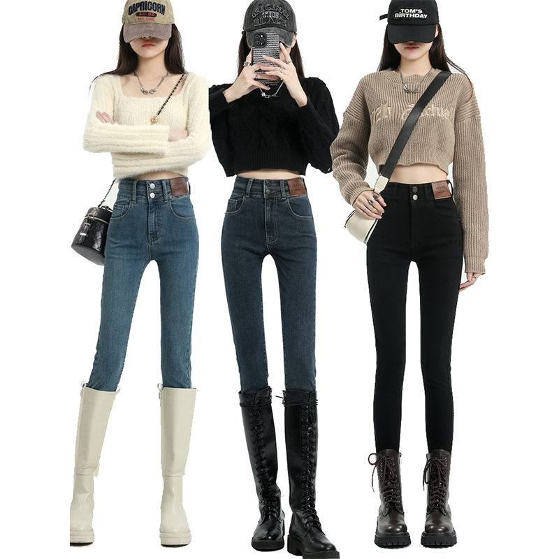 【木木夕】冬季加绒百搭高腰弹力小脚裤女黑色铅笔牛仔裤显瘦紧身裤