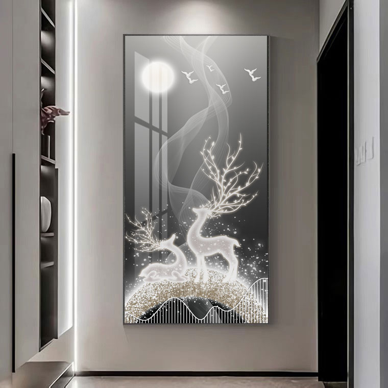 新款-星空麋鹿走廊过道玄关画轻奢手工高级镶钻晶瓷装饰画艺术
