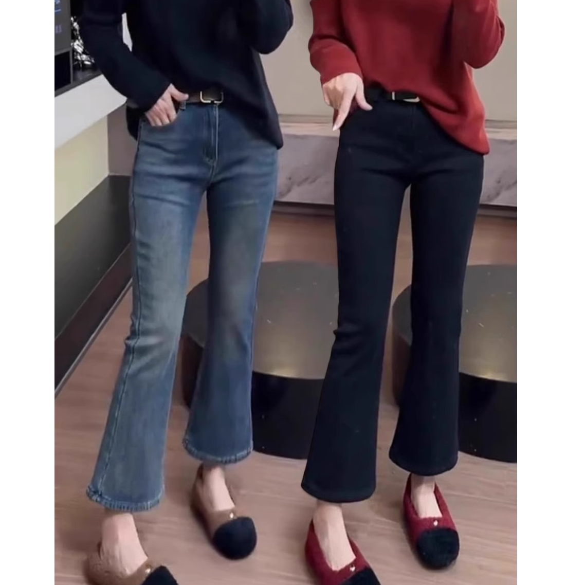 2025秋冬爆款加绒弹力复古直筒马蹄裤大码女装洋气百搭九分微喇裤