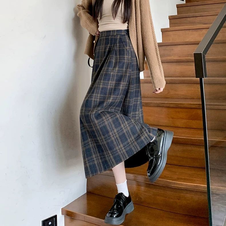 女装裙日系小众复古格子毛呢半身裙秋冬梨型身材显瘦a字百褶长裙