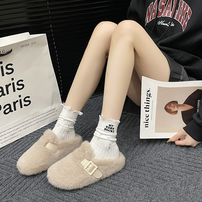 Tagabe毛毛拖鞋女秋冬款时尚加绒加厚保暖一脚蹬软底勃肯勃肯鞋