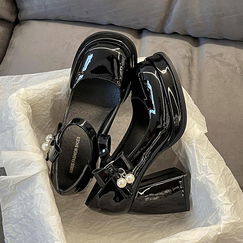 远森 法式一字高跟玛丽珍鞋女2025新款春秋粗跟洛丽塔厚底小皮鞋