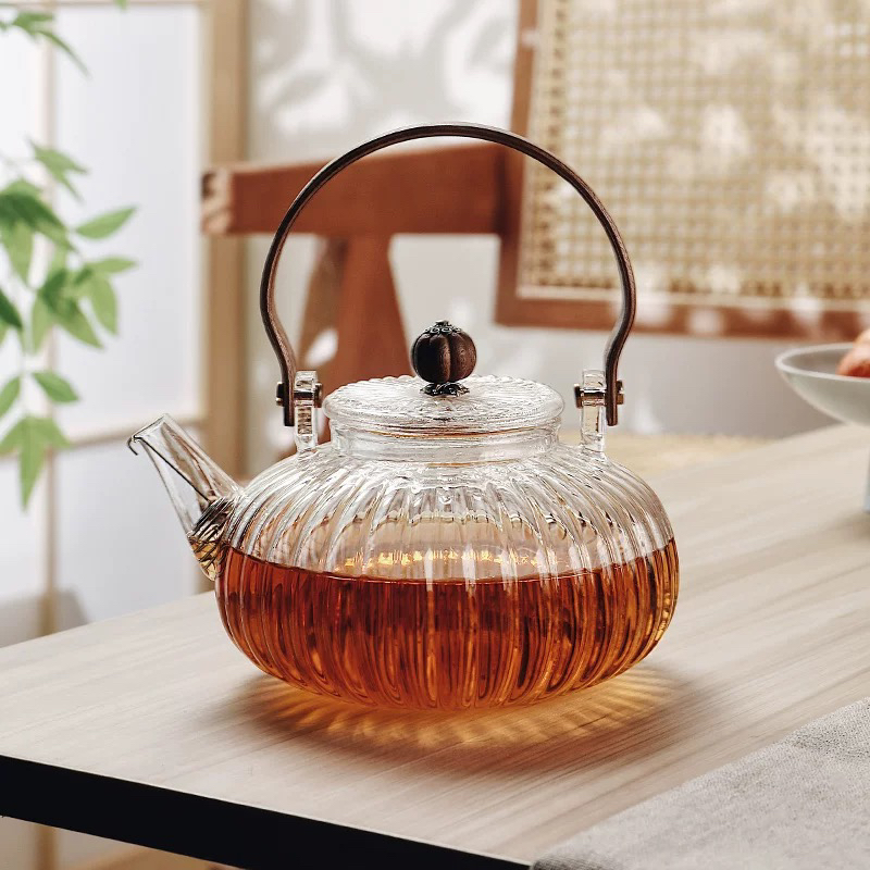 高硼硅玻璃加厚南瓜造型提梁壶泡茶壶