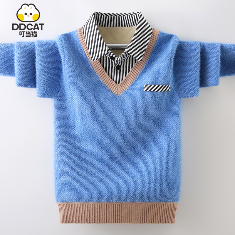叮当猫男童毛衣秋冬款2025新款洋气中大童男孩一体绒假两件打底衫