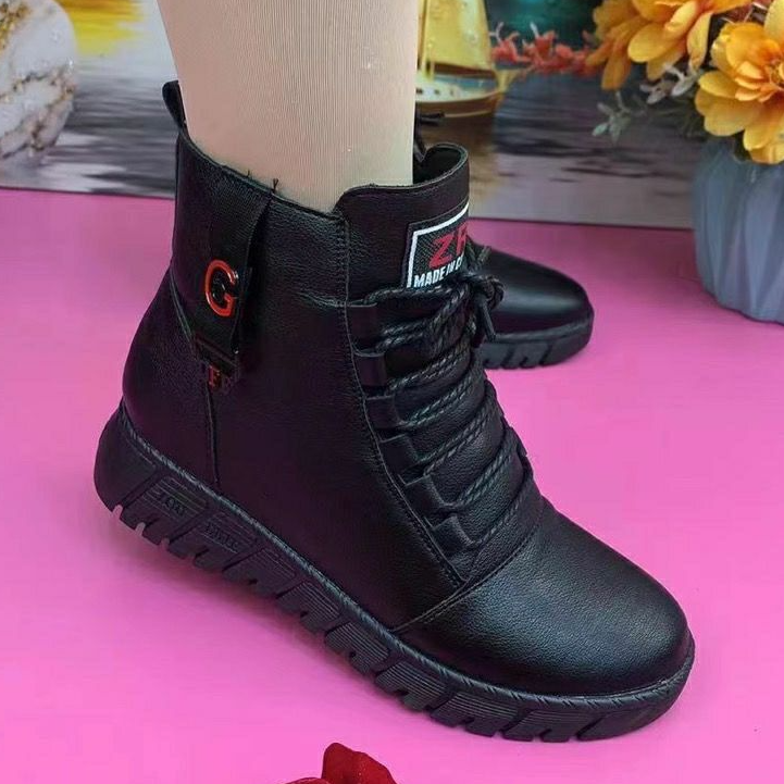 真软皮女士棉靴子爆款2024新款洋气加绒加厚棉靴平底保暖妈妈棉鞋