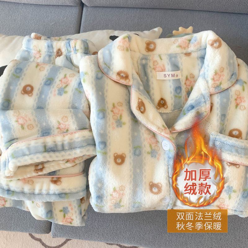 大码胖mm睡衣女法兰绒冬季长袖套装2025新款珊瑚绒加厚加绒家居服