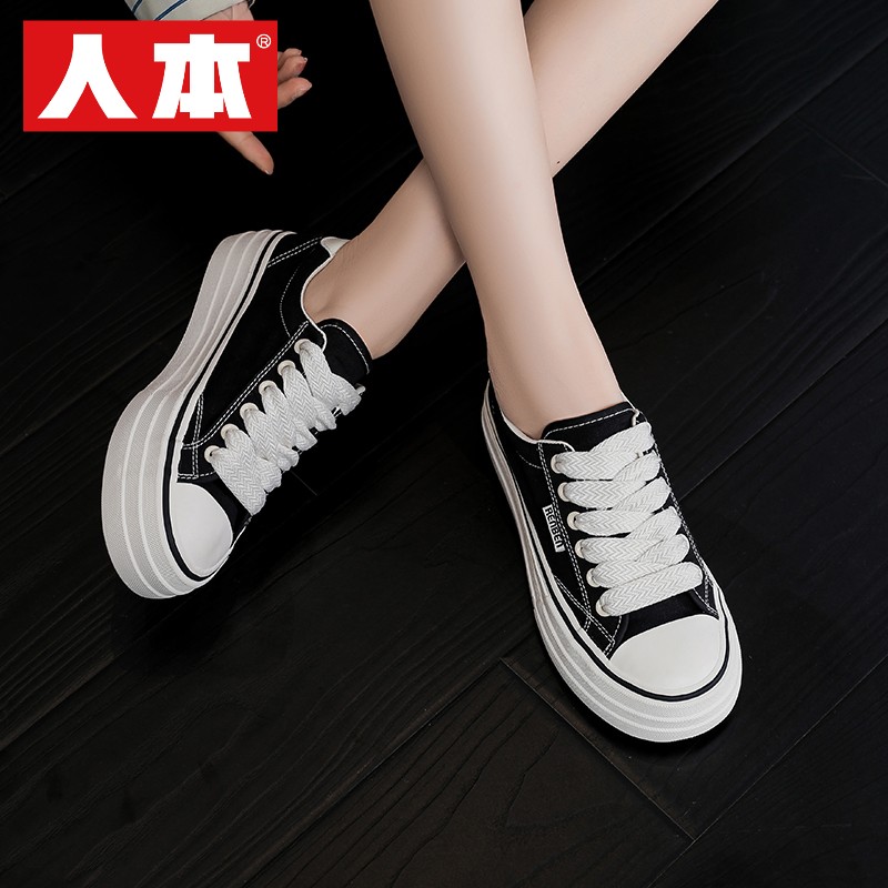 人本秋季新款女鞋透气帆布鞋厚底舒适休闲鞋韩版低帮学生板鞋潮鞋