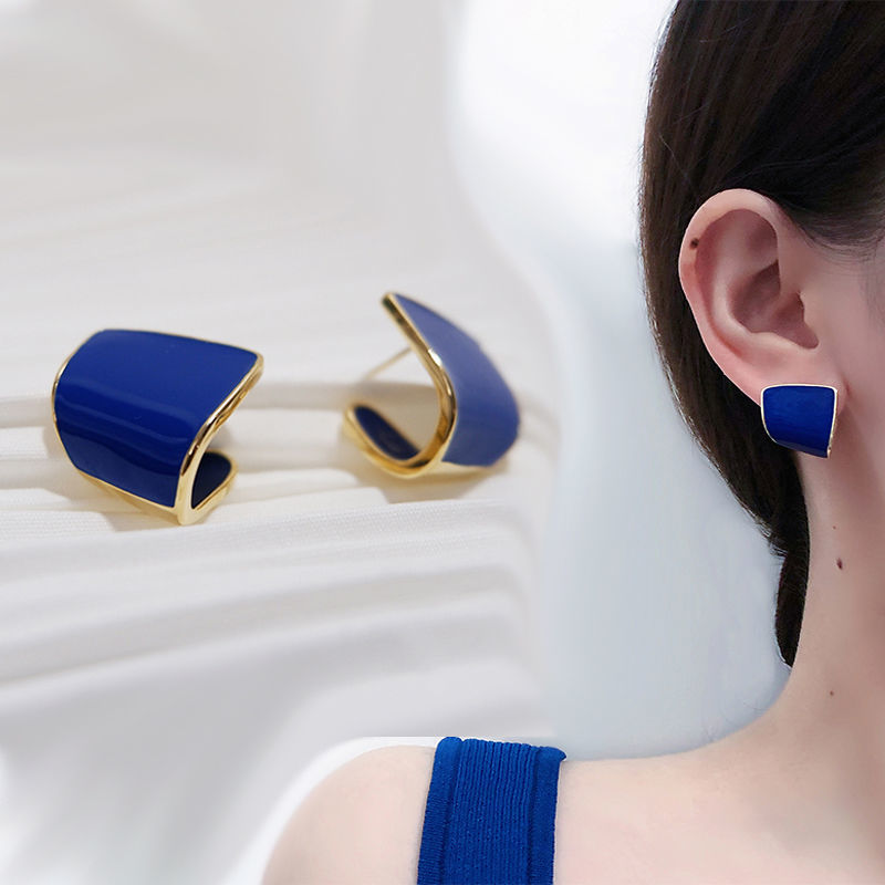 锌合金珐琅耳饰 克莱因蓝宝蓝色不规则几何耳钉气质小众简约耳环