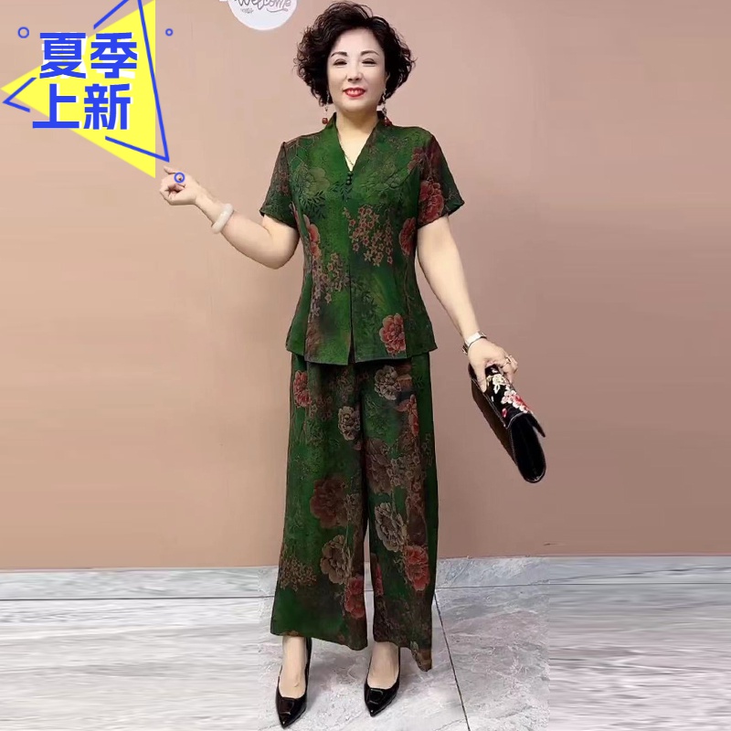 H夏季新款时尚桑蚕丝两件套中老年妈妈装气质上衣搭配高腰阔腿裤