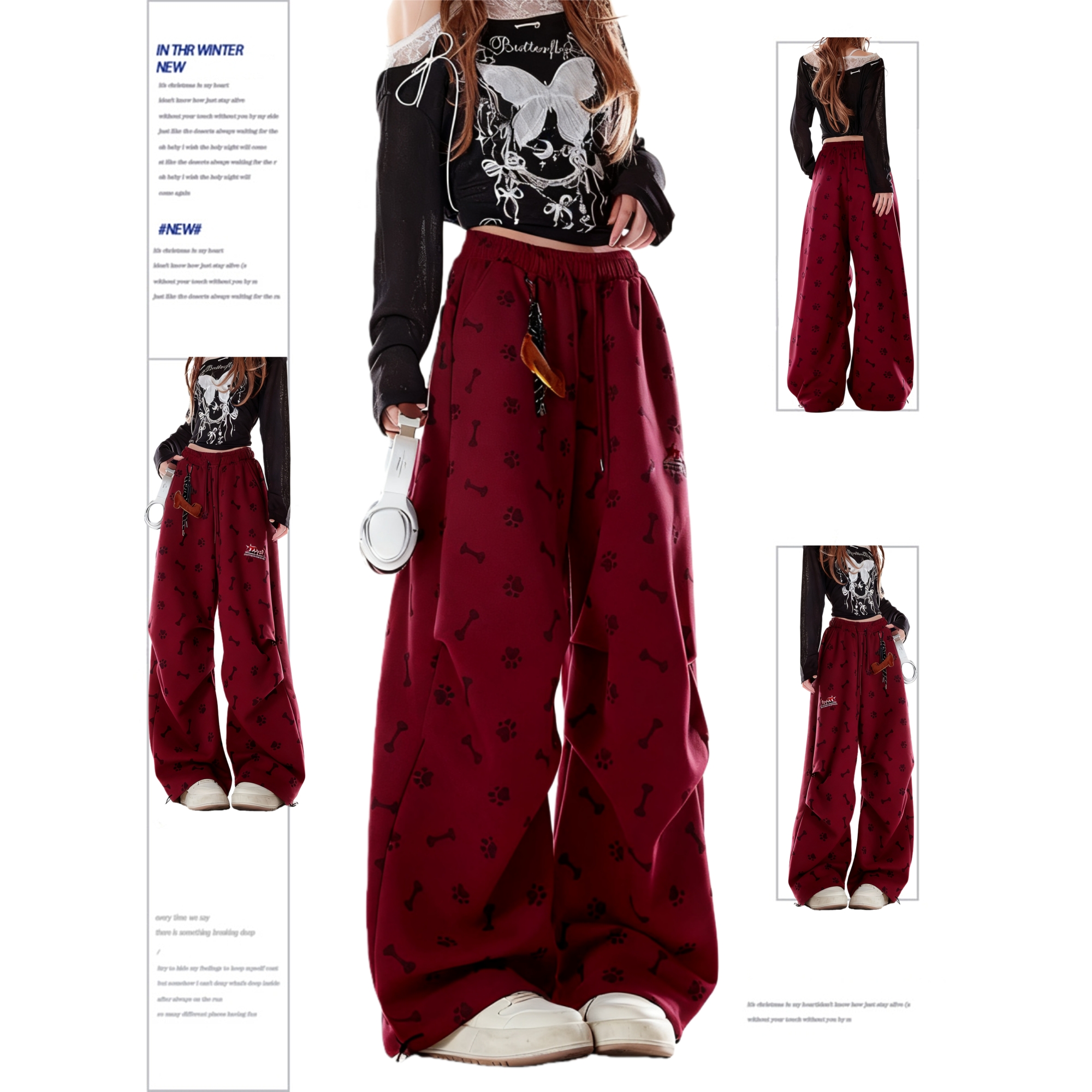 美式圣诞红印花运动卫裤女秋冬松弛感穿搭褶皱宽松休闲加绒加厚裤