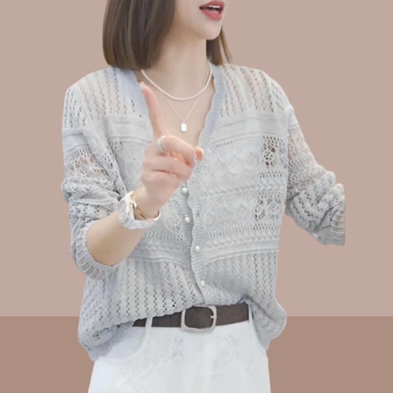 钩花镂空白色防晒针织开衫女2025年新款春夏薄款空调罩衫长袖上衣