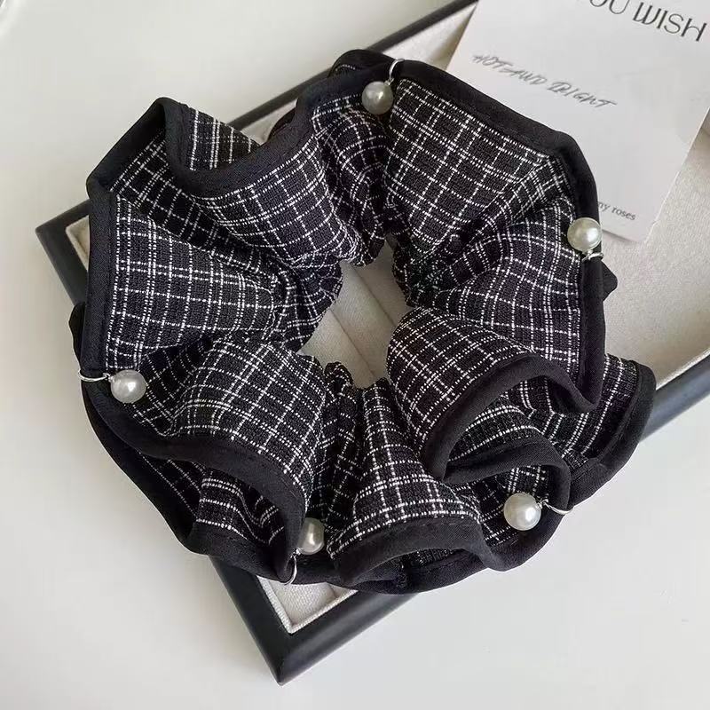 气质布艺格纹珍珠双层学院风发圈简约百搭黑色小香风褶皱花苞发饰