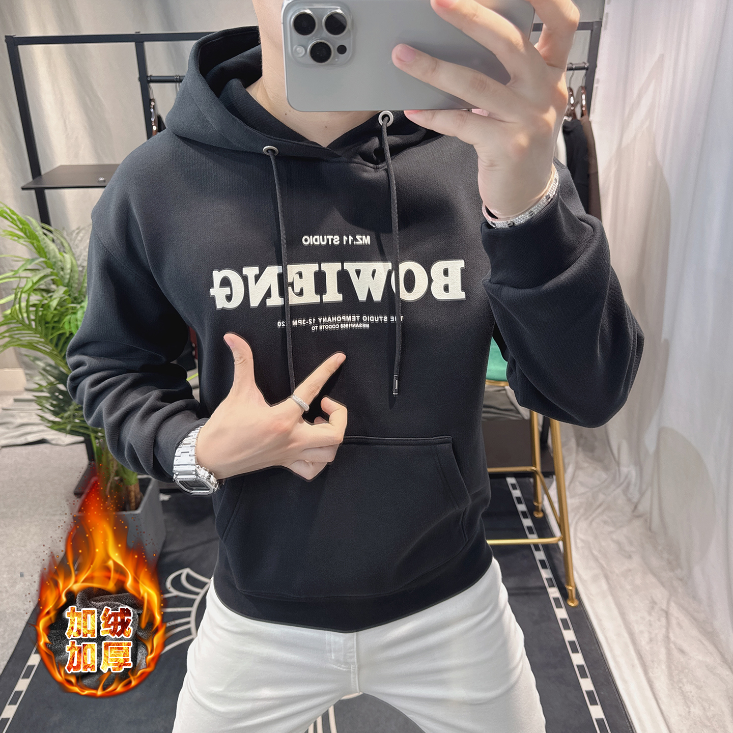 欧洲站美式加绒加厚连帽卫衣男2025新款字母潮牌宽松秋冬帽衫外套