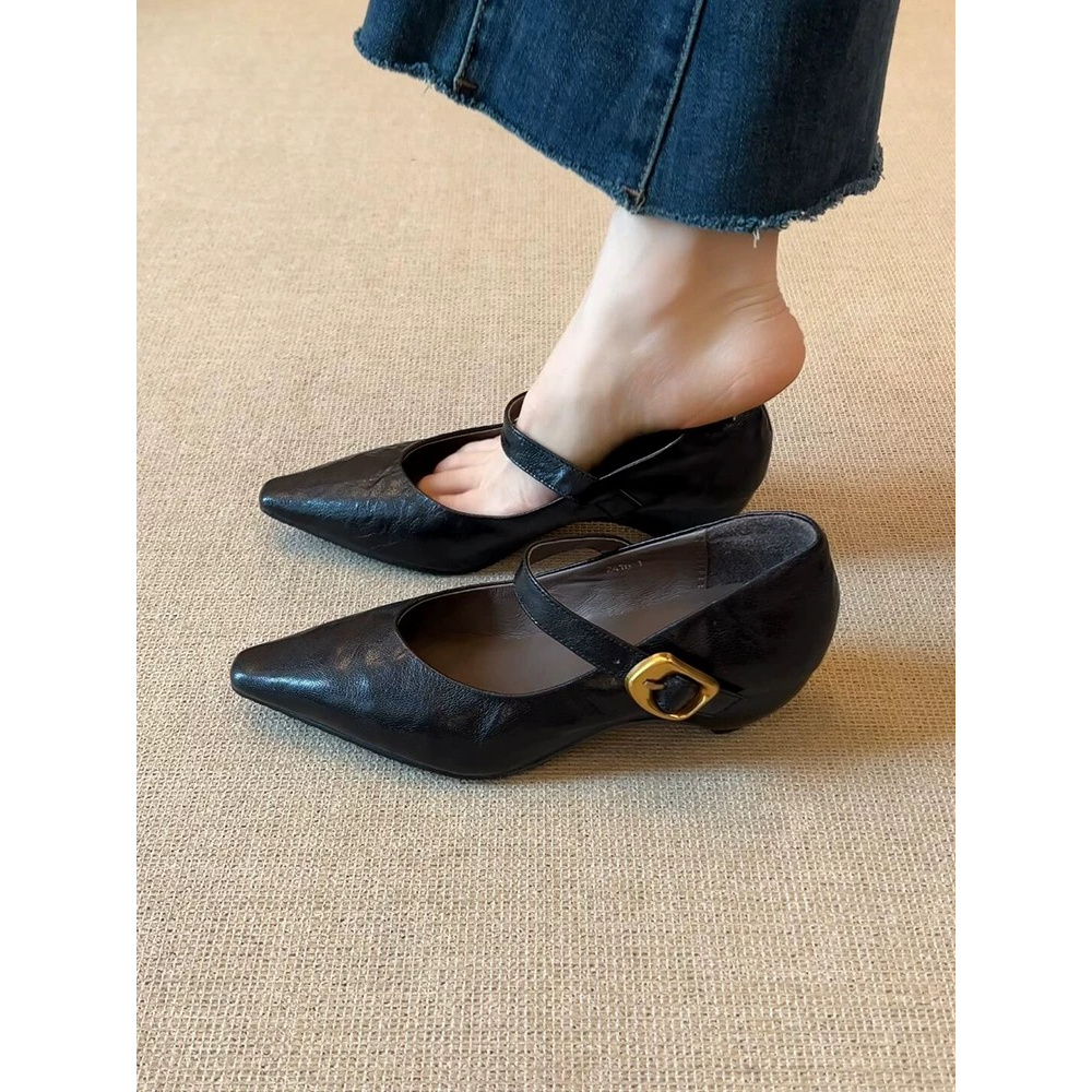 牛皮版~高级感法式尖头一字带坡跟鞋复古高跟鞋单鞋皮鞋百搭女鞋