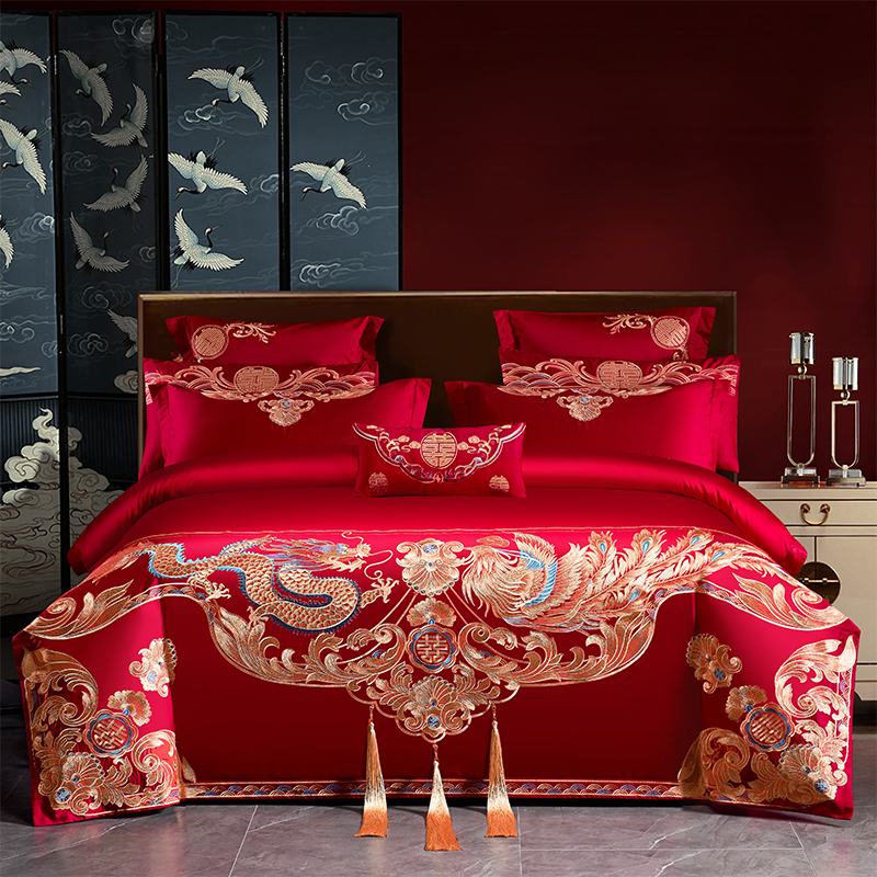 高端家纺200支长绒棉婚庆四件套大红色纯棉龙凤刺绣被套四件套