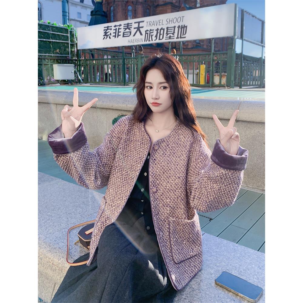 小香风甜美紫色加厚毛呢外套女秋冬2025新款气质超火流行爆款大衣